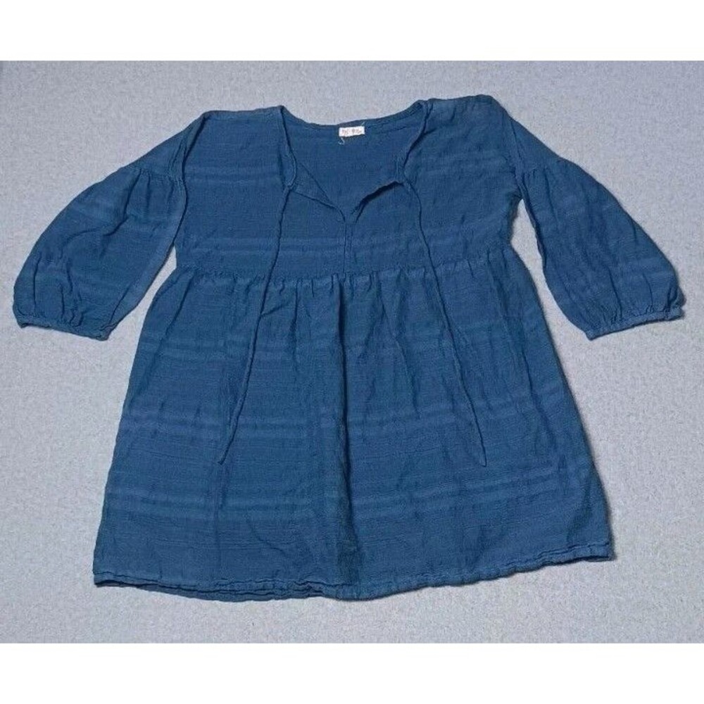 Rebellion Peasant Balloon Sleeve Tunic Top Womens Large Blue Lagenlook Babydoll
